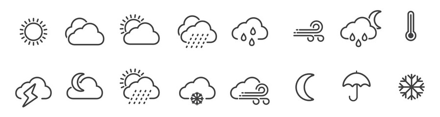 Weather icons set in line style, Weather isolated on white background. Clouds logo and sign, vector illustration - obrazy, fototapety, plakaty