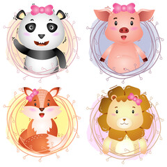 cute animals with twigs: panda, pig, fox and lion