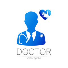 Doctor vector logotype with heart and hand in blue color. Silhouette medical cardiologist man. Logo for clinic, hospital, cardiology, medicine and business. Template for web, identity style.
