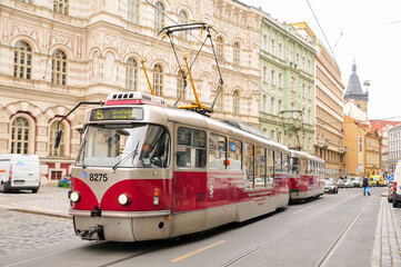 Naklejka na ściany i meble プラハのトラム　Red traffic tram in Prague