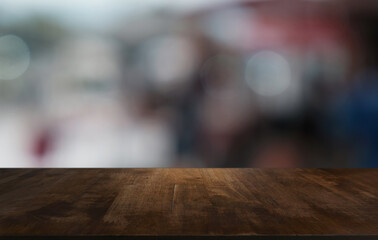 Wood Table Top in Blur Background room interior with empty copy space.