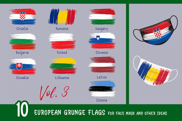 10 European grunge flags for face mask and other ideas. Croatia, Romania, Hungary, Bulgaria, Poland, Slovenia, Slovakia, Lithuania, Latvia, Estonia. All elements are on separate layers.