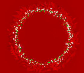 red christmas background. red flowers ring frame. 