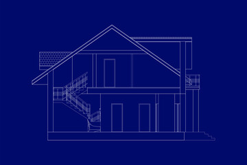Architectural modern background. Cross-section suburban house. Vector blueprint.