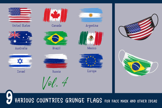 9 Various countries grunge flags for face mask and other ideas. United States, Canada, Argentina, Australia, Brazil, Mexico, Israel, Russia, Europe. All elements are on separate layers.