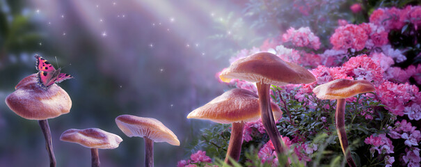 Magical fantasy mushrooms in enchanted fairy tale dreamy elf forest with fabulous fairytale blooming pink rose flower and butterfly on mysterious background, shiny glowing stars and moon rays in night - obrazy, fototapety, plakaty