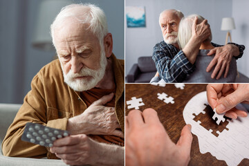 collage of senior man feeling bad and holding pills, man hugging wife sick on dementia, and woman collecting jigsaw puzzle - Powered by Adobe