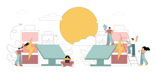 Alternative source of energy. Solar panels. Flat people regulate, analyze, use alternative renewable energy. Vector illustration on a white background.
