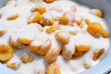 Cooking apricot jam. Apricots in sugar
