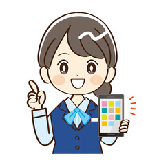 女性、銀行員、スマホ、説明