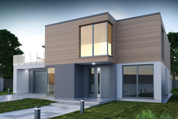 Front of modern house, exterior view - 3D illustration