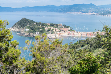 Panoramic aerial view of Sestri Levante and the Gulf of TIgullio from the path to Punta Manara