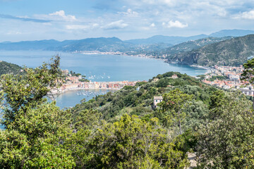 Panoramic aerial view of Sestri Levante and the Gulf of TIgullio from the path to Punta Manara