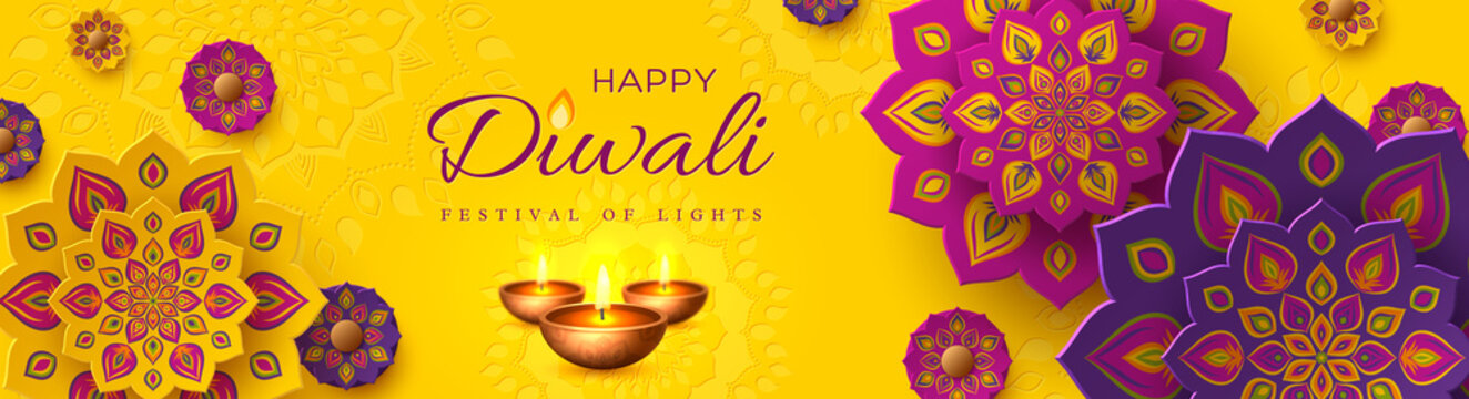 Diwali, festival of lights holiday banner with paper cut style of Indian Rangoli and diya - oil lamp. Purple color on yellow background. Vector illustration.