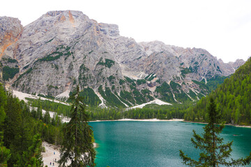 Lake Lago di Braies in Dolomiti Mountains, Italy.