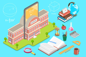 3D Isometric Flat Vector Concept of Online School, Distance Courses and E-learning, Back to Digital School.
