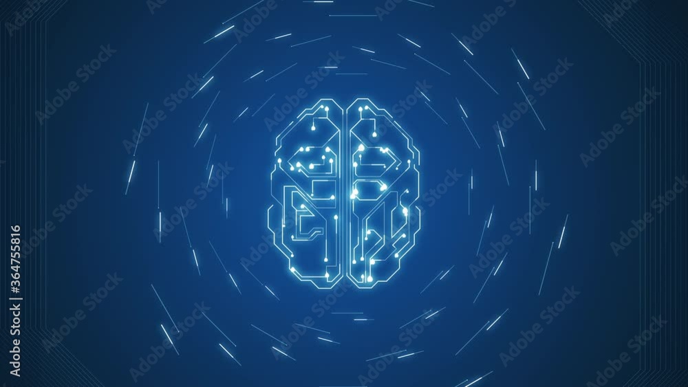 Poster 4k animation of the brain and print circuit board with moving lights.