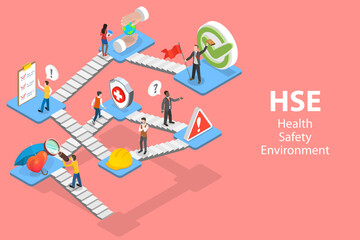 3D Isometric Flat Vector Concept of HSE, Practical Aspects of Environmental Protection and Safety at Work, Health Safety Environment.