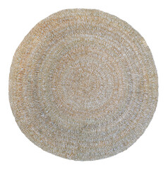 straw carpet round decor isolated on white background. Details of modern boho, bohemian,...