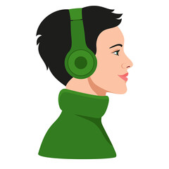 Beautiful young woman in green with headphones profile avatar. Love music. 