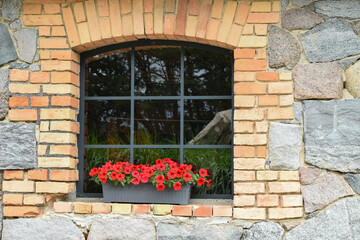 Fototapeta na wymiar Old stone window with beautiful red flowers on the windowsill