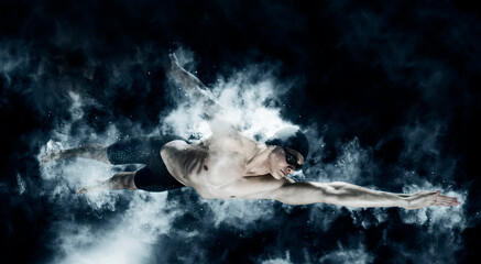 Man in swimming pool. Sports banner