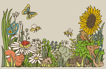 Hidden object scene of a blooming flower meadow with European animals from forest and field, like butterfly, bee, ladybird, squirrel, hedgehog, mole, deer, snail and bird. 