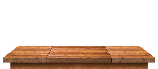 Empty wooden tabletop isolated on white background. For your product placement or montage with focus to the table top in the foreground. Empty wooden shelf. shelves