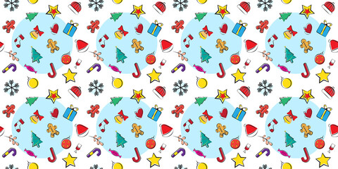 Merry christmas seamless pattern. Colorful christmas icons on white background.