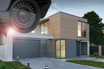 Security camera and exterior view of the house, 3d illustration