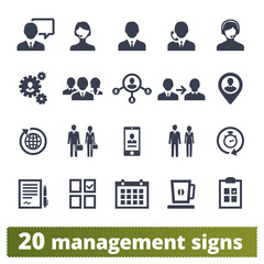 Management, human resources, team work vector icons set. Business strategy, project developing, ceo and office people pictograms. Isolated on white background.