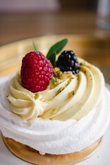 Mini pastry dessert covered with yellow cream and meringues and decorated with pink raspberry and blackberry and a green leaf. Modern european cake. Shallow focus