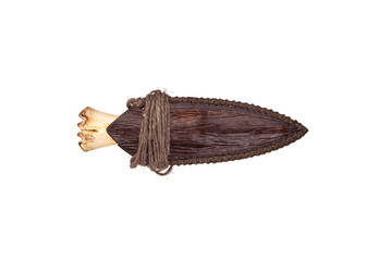 Obsidian knife with bone handle isolate on a white back. Prehistoric weapon made of volcanic glass.
