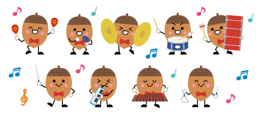音楽会や演奏会で使えるドングリの音楽隊のベクターイラストセット