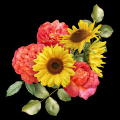 Red roses and sunflowers isolated on black background. Floral arrangement, bouquet of flowers. Can...
