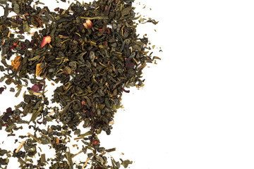  Leaves of Chinese Dry Tea Top Grade with Goji Berries and Powdered Acai on White Background