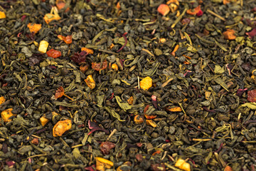  Leaves of Chinese Dry Tea Top Grade with Goji Berries and Powdered Acai on White Background