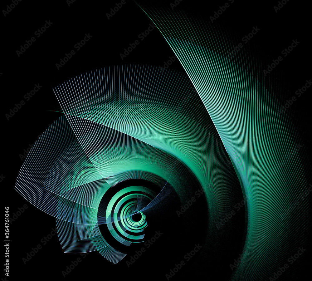 Poster Rotation of abstract fractal green propeller blades around the center on a black background. Graphic design element. Technical symbol or logo. 3D rendering. 3D illustration.