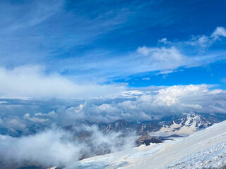 View from the height of Mount Elbrus. Aerial view of a beautiful winter mountain landscape.