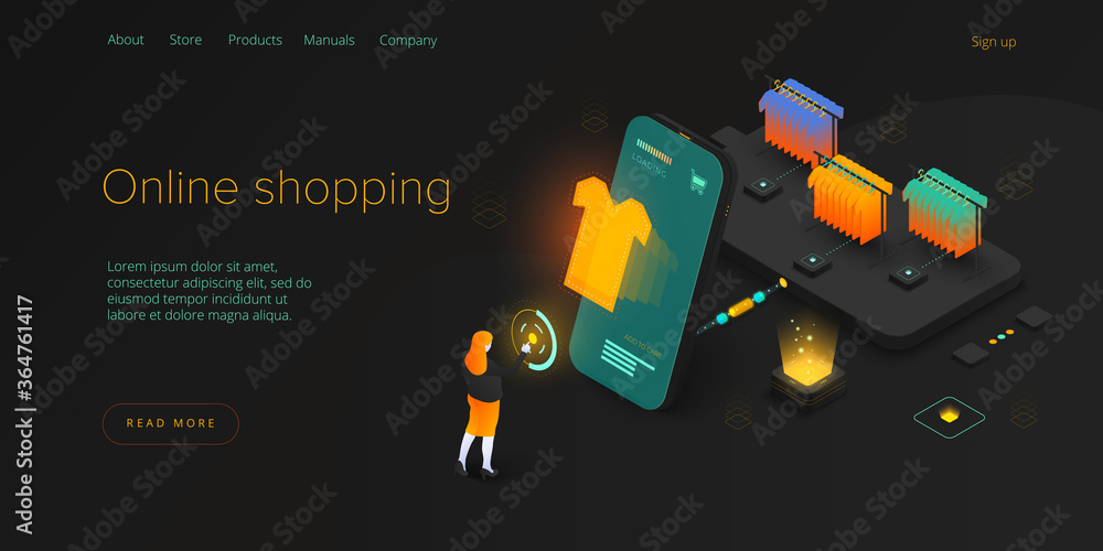Poster online shopping or e-commerce isometric vector illustration. internet store checkput procedure conce