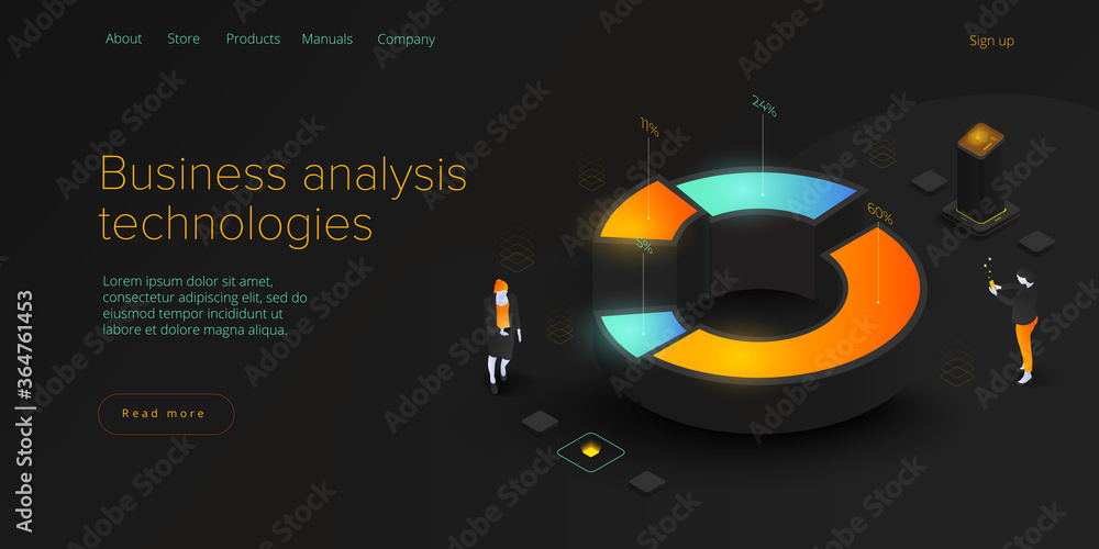 Poster business analysis in isometric vector illustration. data analytics for company marketing solutions o