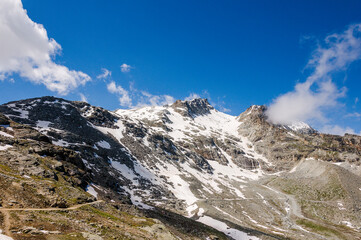 Corvatsch, Bergstation, Bergbahn, Murtèl, Wanderweg, fuorcla surlej, Piz Corvatsch, Gletscher, Klimawandel, Gefahr, Oberengadin, Bernina, Sommer, Schneefeld, Graubünden, Schweiz