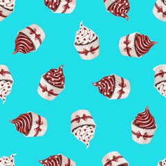 Chocolate cupcakes with chocolate, coffee and vanilla cream on blue background.  Seamless pattern. Texture for fabric, wrapping, wallpaper. Decorative print.
