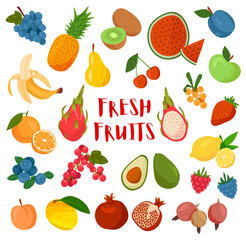 Large collection of colorful cartoon Fresh Fruit around central text isolated on white for design elements or nutrition themes, colored vector illustration
