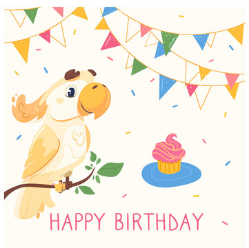 Vector postcard in cartoon style with a cute parrot and a festive inscription. Happy birthday greeting card with yellow cockatoo. The bird, decoration and confetti .isolated on a light background