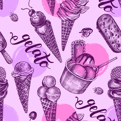 Decorative seamless pattern with Ink hand drawn different types of ice cream and italian gelato. Food elements texture for your design. Vector illustration. - 364762202