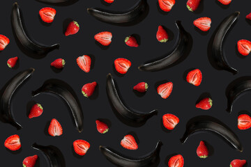 Stylish pattern of black bananas and strawberries. Background for sex shops - obrazy, fototapety, plakaty