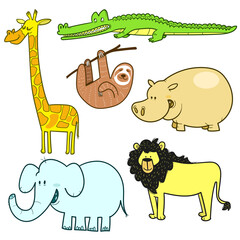Hand drawn set of different jungle animals
