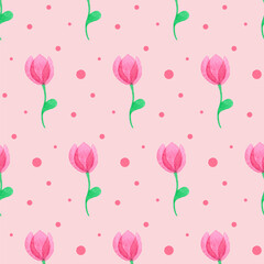 Seamless pattern with fantasy pink flowers. Hand drawn watercolor tulips. Spring illustration. Beautiful print for textile, greeting cards, wrapping paper, decor and design. Celebration style