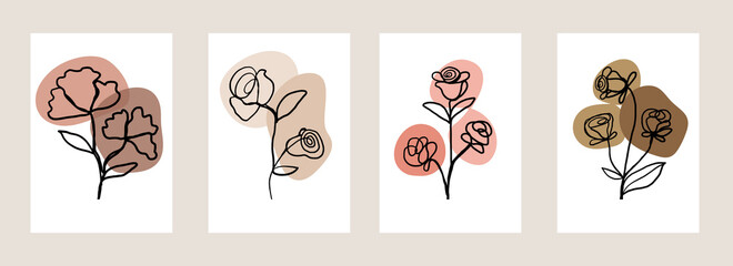 Line art flower set. One line drawing. Fancy line art. Trendy concept for the logo, card, banner, poster flyer,  vector illustration.